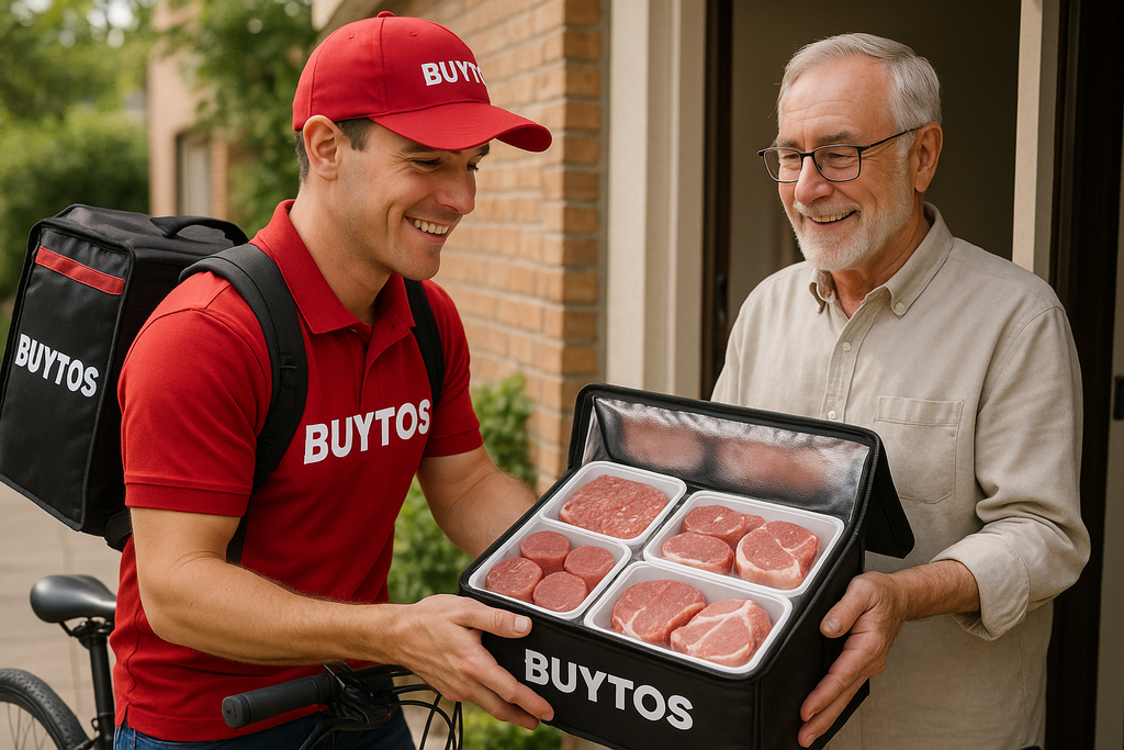 The bike delivery boy buy the packing Meat and delivered to old boy costomer and shop name is BUYTOS