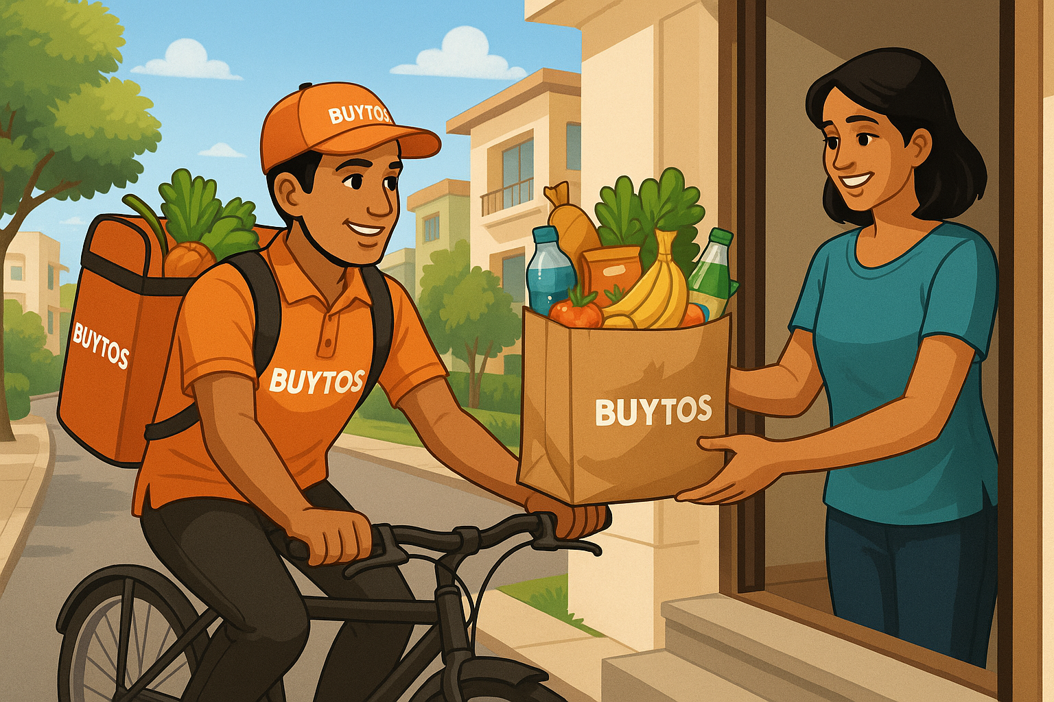 The bike delivery boy buy the things groceries and delivered to costomer and shop name is BUYTOS