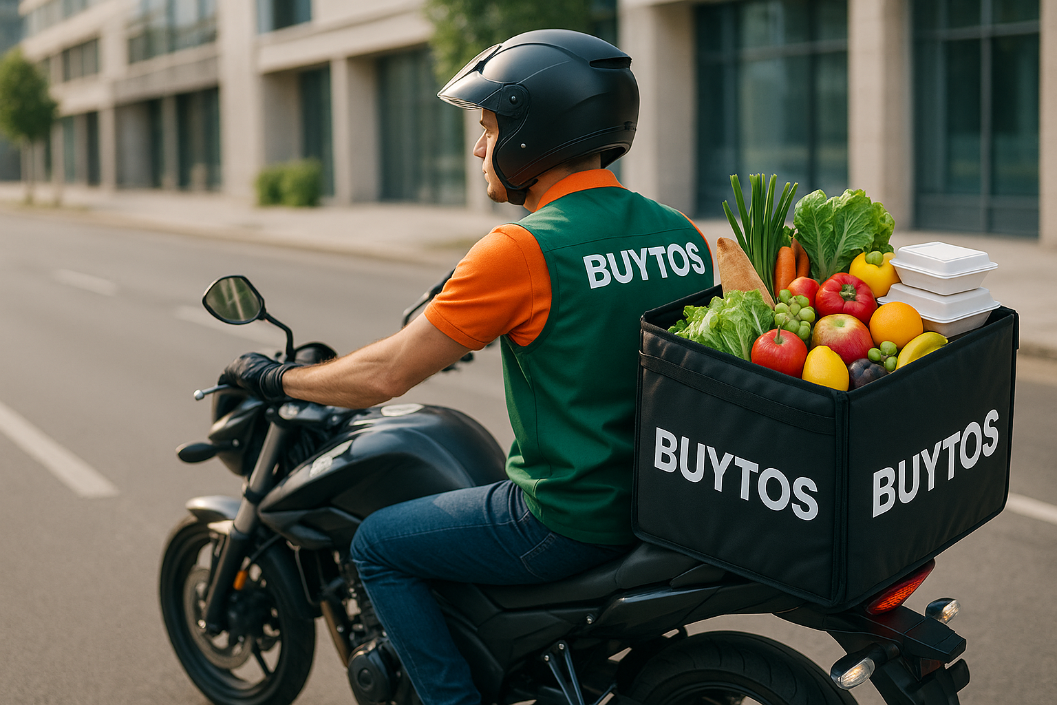 The bike delivery boy buy the things (vegetable, fruits, groceries, hotel food) and delivered to costomer and shop name is BUYTOS