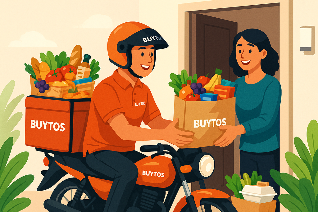 The bike delivery boy buy the things (vegetable, fruits, groceries, hotel food) and delivered to costomer and shop name is BUYTOS